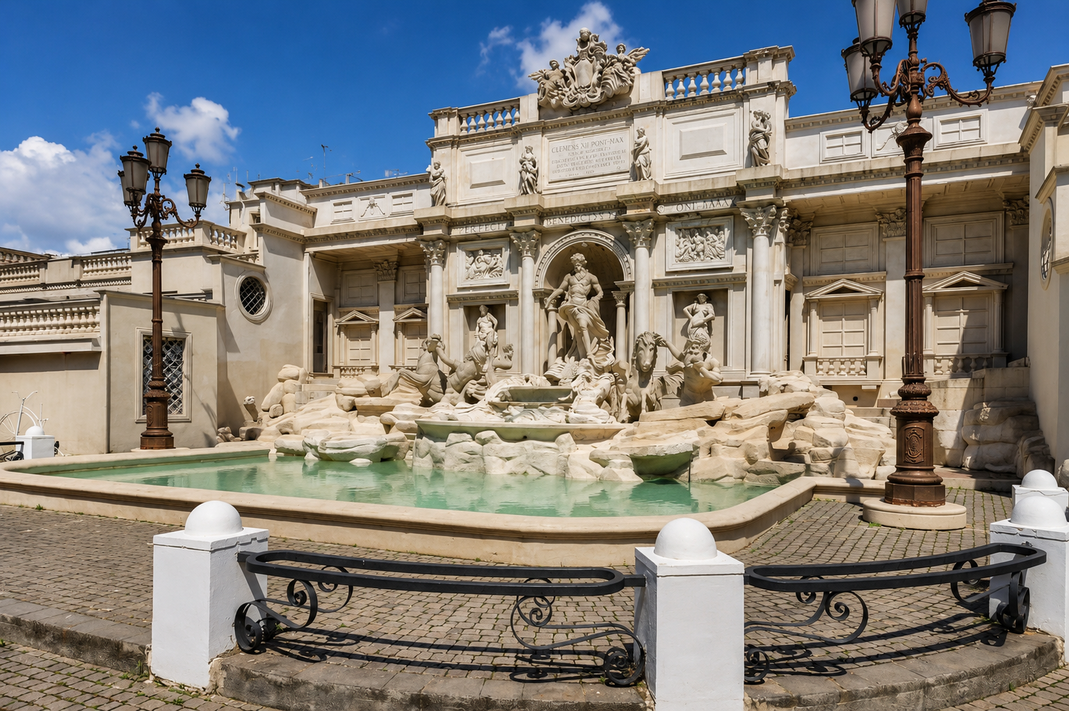 Fontana monumentale ispirata alla Fontana di Trevi illuminata, scenografia di Villa Il Lago dei Cigni