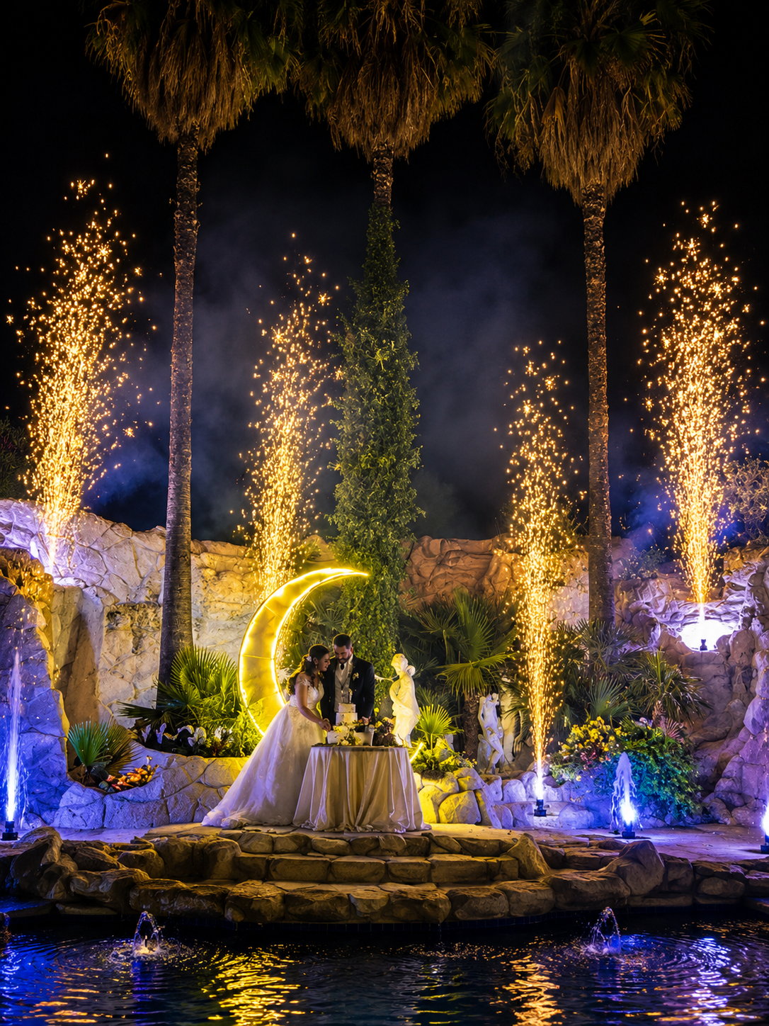 Sposi al taglio della torta davanti alla fontana monumentale illuminata